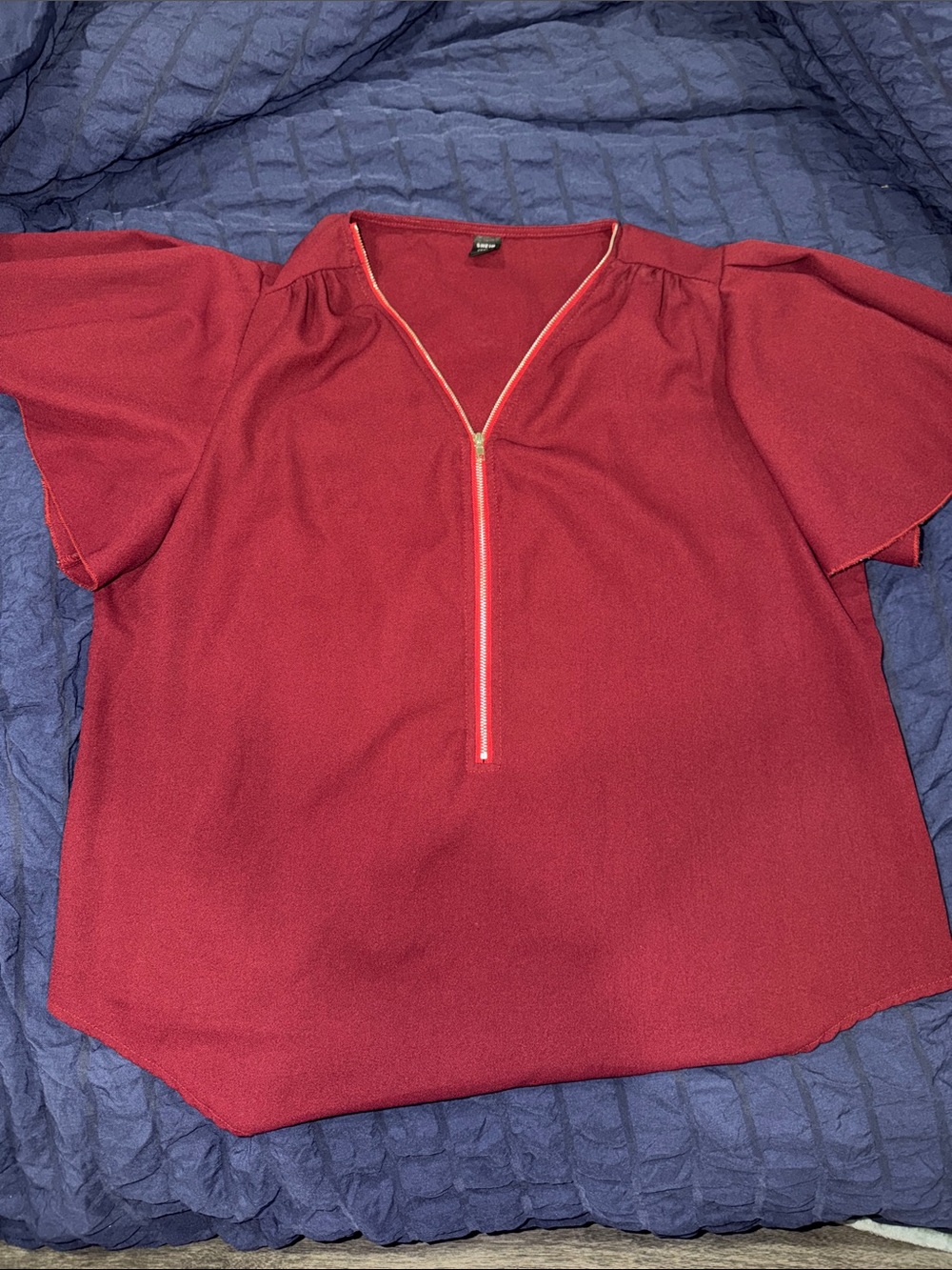 SHEIN maroon V-Neck Zip Front Flutter Sleeve Blouse